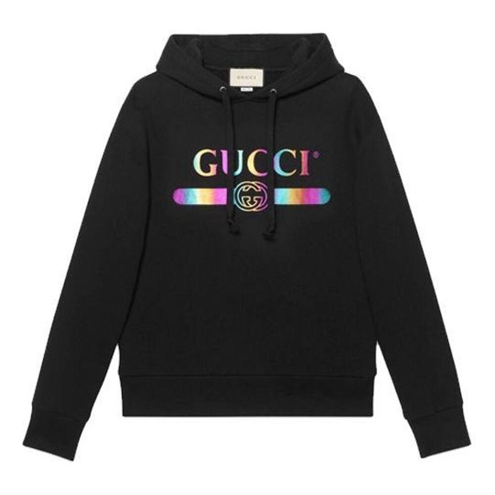 New With Tags Gucci Metallic Logo Print Pullover Black Hoodie Size L $1280.00